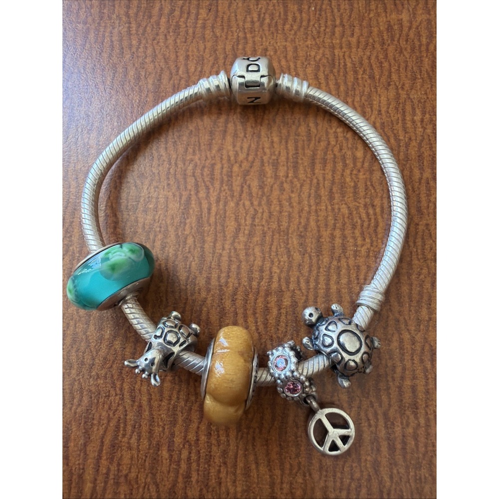 Pandora Charm Bracelet with 5 Retired Charms Turtle, Giraffe, Peace.. 925 Silver
